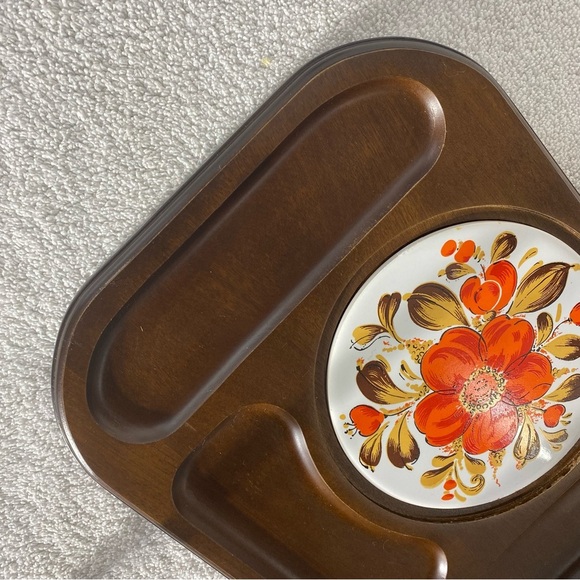 Vintage MCM Autumn Flower Tile Wooden Cheese Board Charcuterie Board W Knife - Picture 7 of 14